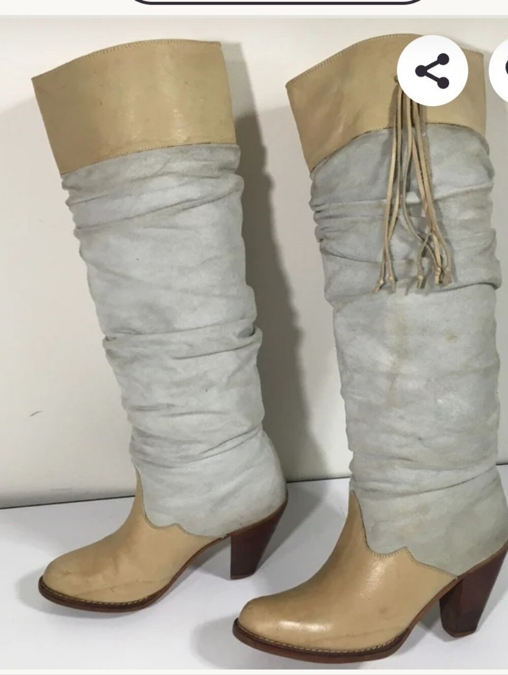 VTG, Circle S 1980s Cream Leather & Suede Slouchy Stacked Heeled Boots